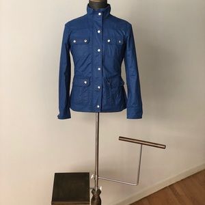 J crew resin coated jacket with gold buttons.